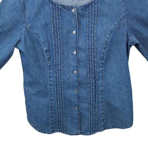 Harolds Denim Top Womens Size 12 Pleated Front Back Detail Round Neck 3/4 Sleeve - Picture 11 of 16